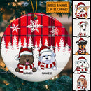 Personalised Red Plaid Xmas Circle Ceramic Ornament, Personalized Dog Lovers Decorative Christmas Ornament