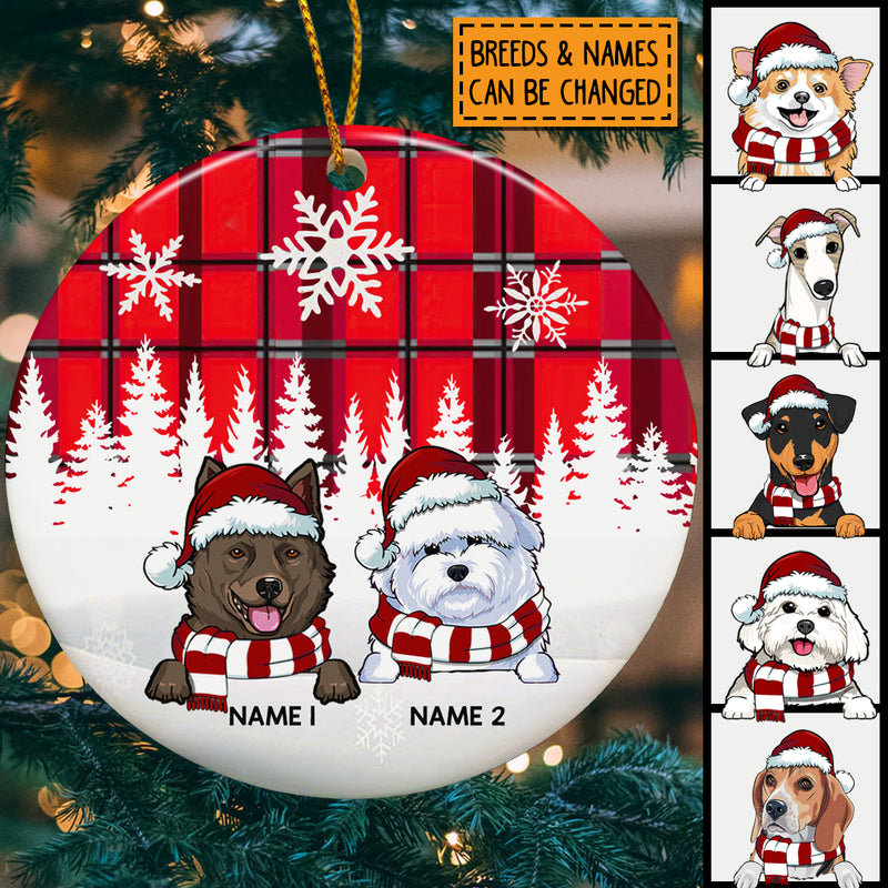 Personalised Red Plaid Xmas Circle Ceramic Ornament, Personalized Dog Lovers Decorative Christmas Ornament