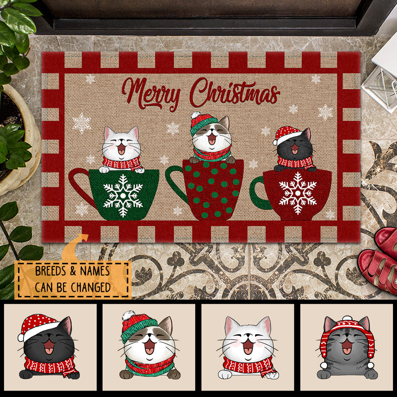 Personalized Cat Breeds Doormat, Gifts For Cat Lovers, Merry Christmas Doormat, Cats In Cups Xmas Home Decor