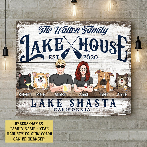 lake house decor Personalized Dog & Cat Landscape Canvas, Gifts For Pet Lovers, Lake House Lake Shasta Canvas