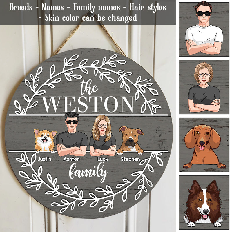 Personalized Wood Sign, Gifts For Dog Lovers, A Couple & Their Dogs Laurel Wreath Family Name Sign