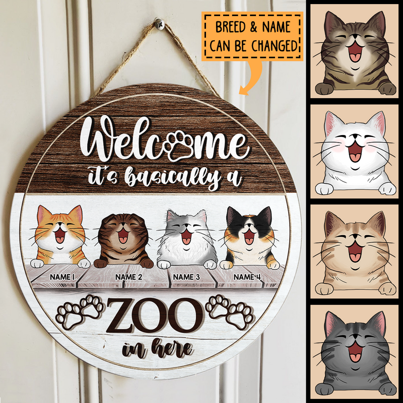 Personalized Wood Signs, Gifts For Cat Lovers, It's Basically A Zoo In Here Welcome Door Signs