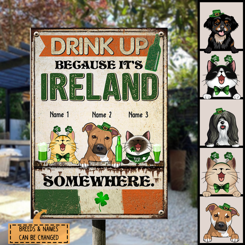 Drink Up Because It's Ireland, Happy Patrick's Day, Funny Outdoor Sign, Personalized Dog & Cat Lover Gift Metal Sign