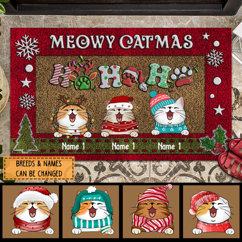 Meowy Catmas Happy, Dark Red Frame, Personalized Cat Christmas Doormat