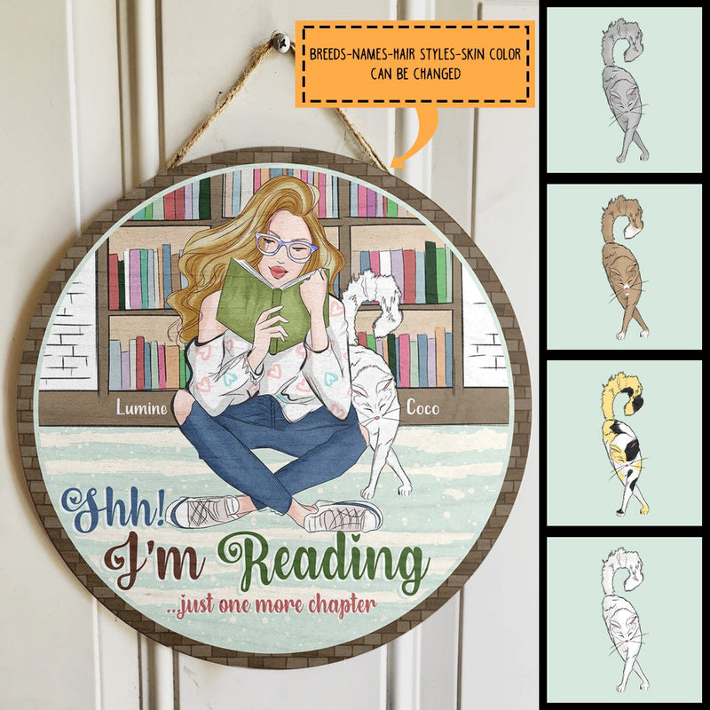 Shh I'm Reading - Girl And Cats Front of Bookshelf Customized Door Sign