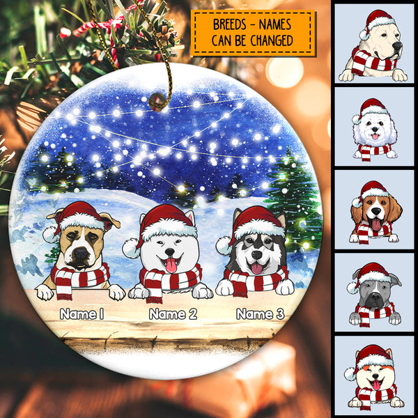 Snowy String Lights Blue Night Sky Circle Ceramic Ornament, Personalized Dog Lovers Decorative Christmas Ornament