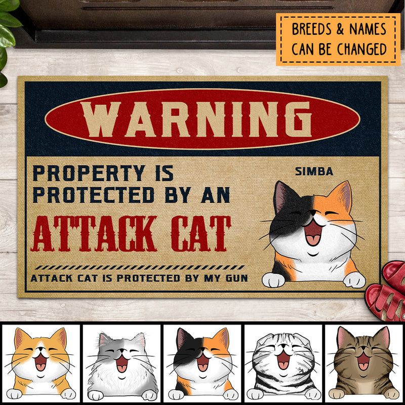 Warning Property Is Protected By An Attack Cat, Warning Doormat, Personalized Cat Breeds Doormat, Gifts For Cat Lovers