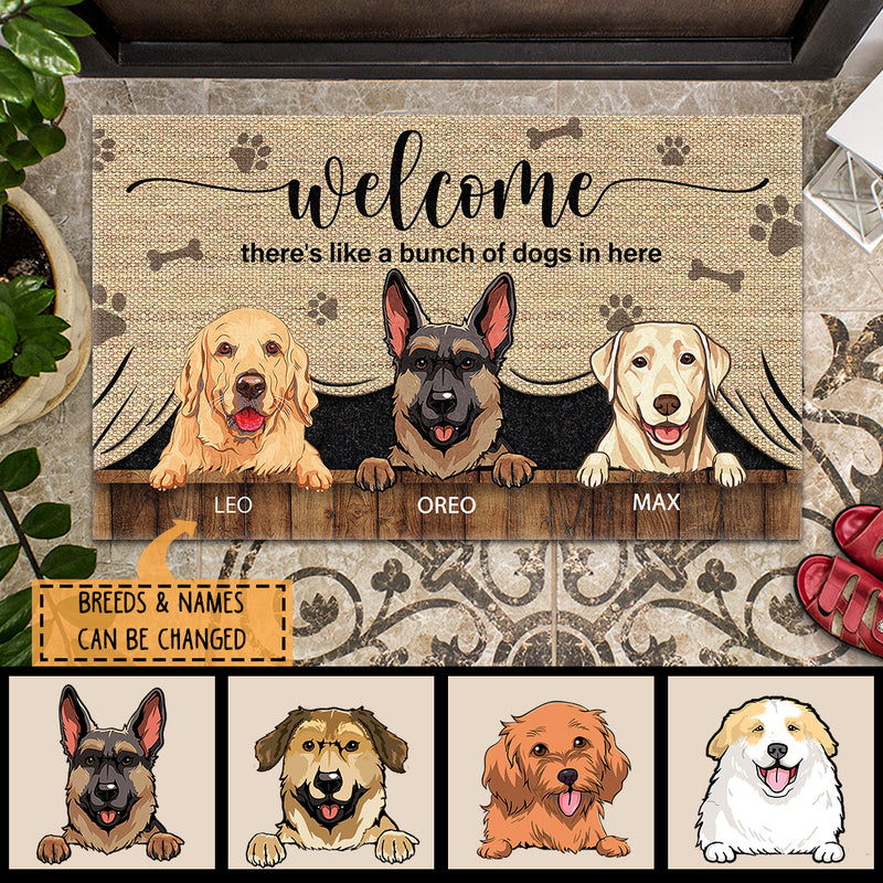 Welcome There's Like A Bunch Of Dogs In Here, Dog Peeking From Curtain, Personalized Dog Breed Doormat, Dog Lovers Gifts