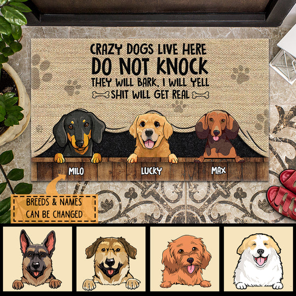 Crazy Dogs Live Here, Warning Doormat, Dog Peeking From Curtain, Personalized Dog Breeds Doormat, Gifts For Dog Lovers