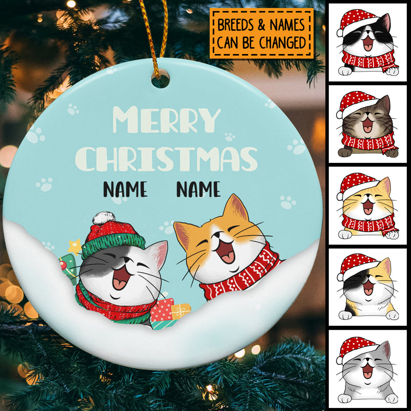 Merry Christmas, Cat On Snow Circle Ceramic Ornament, Personalized Cat Breeds Ornament