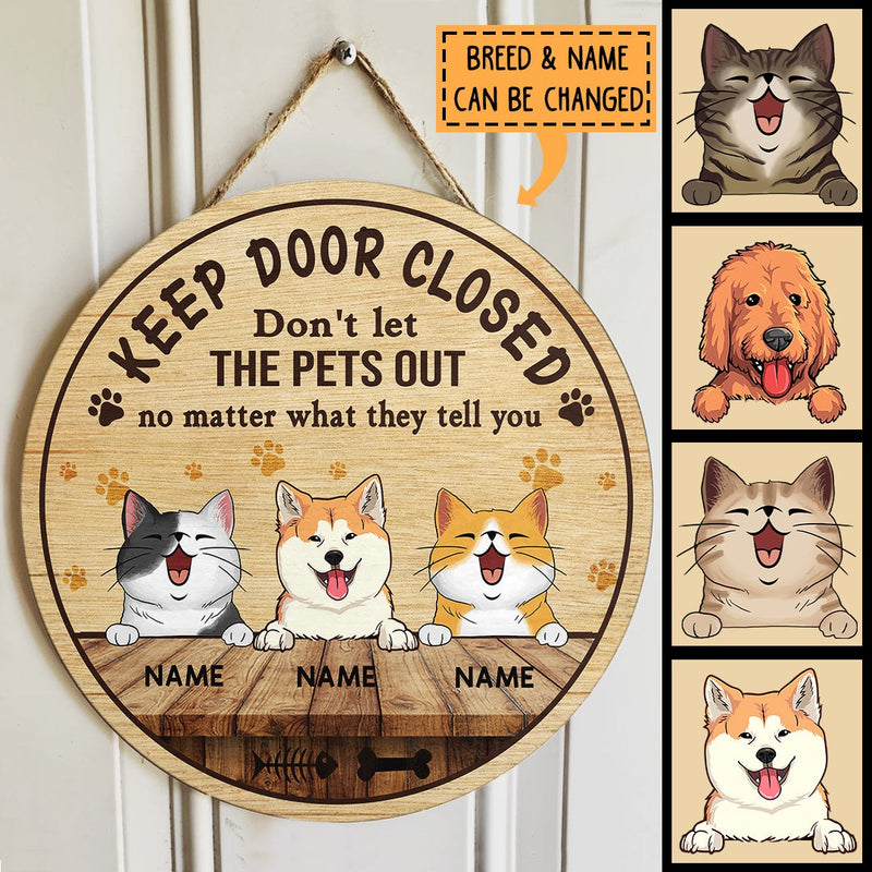 Keep Door Closed Don't Let The Pets Out, Yellow Pawprints Door Hanger, Personalized Dog & Cat Door Sign
