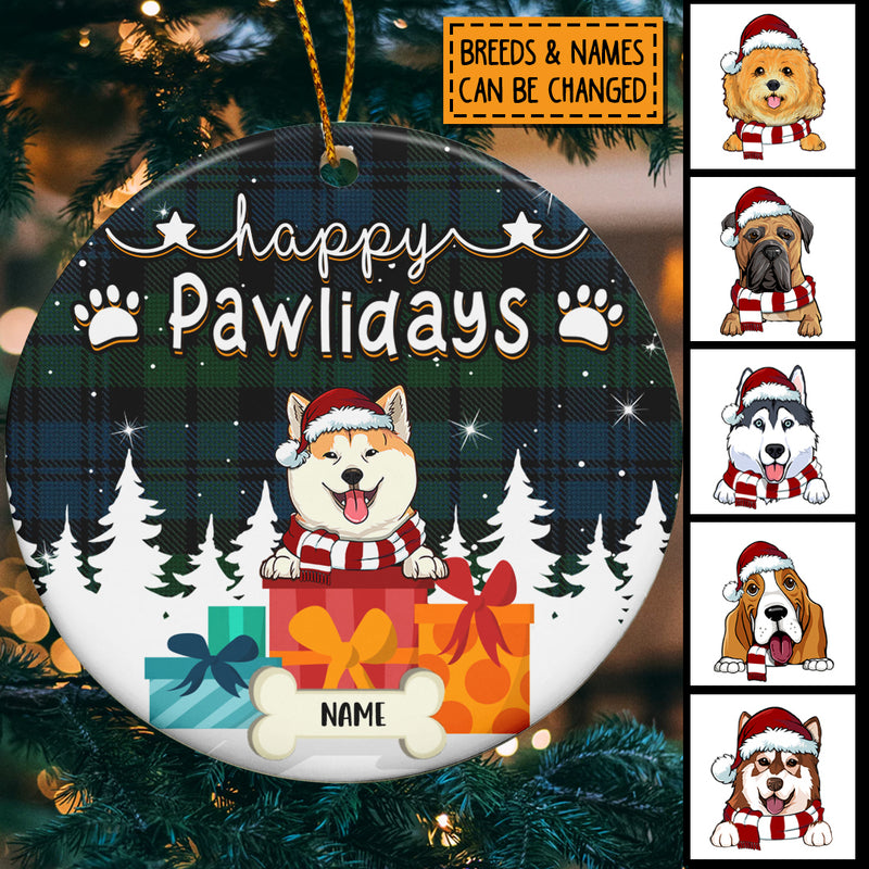 Happy Pawlidays, Christmas Tree & Gifts, Plaid Circle Ceramic Ornament, Personalized Christmas Dog Breed Ornament