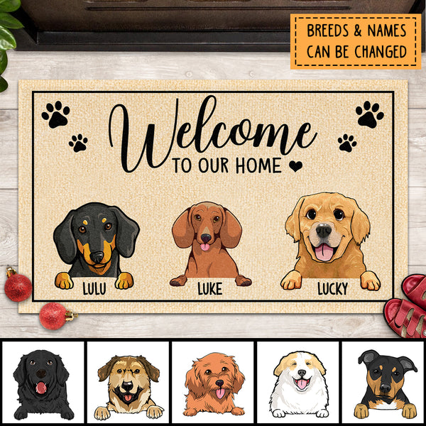Welcome To Our Home, Pawprints And Heart Doormat, Personalized Dog Breeds Doormat, Gifts For Dog Lovers