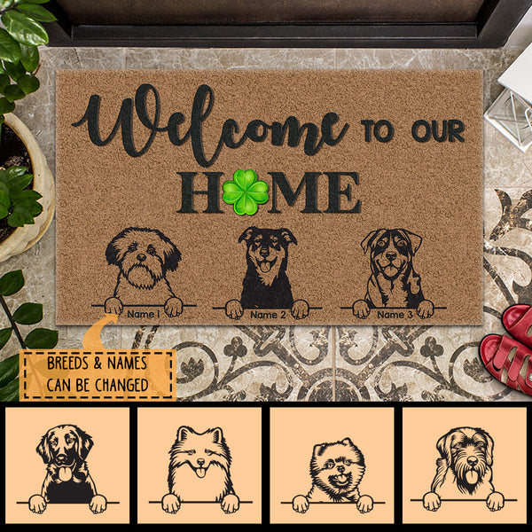 Welcome To Our Home Personalized Dog Breeds Doormat, Gifts For Dog Lovers, Lucky Four-Leaf Home Decor