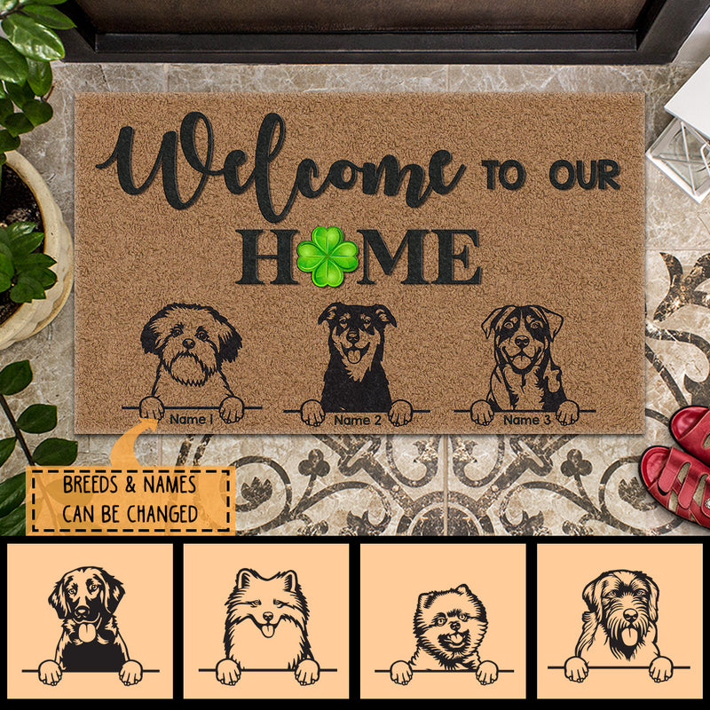 Welcome To Our Home Personalized Dog Breeds Doormat, Gifts For Dog Lovers, Lucky Four-Leaf Home Decor