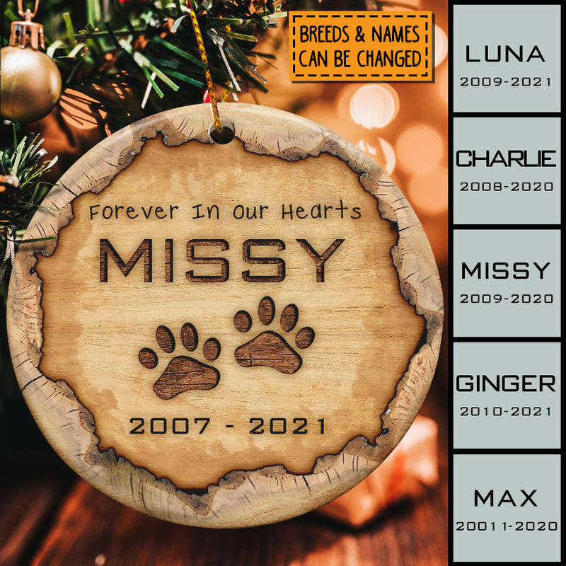 Forever In Our Heart, Pet Pawprints Circle Ceramic Ornament, Personalized Pet Name & Years Ornament