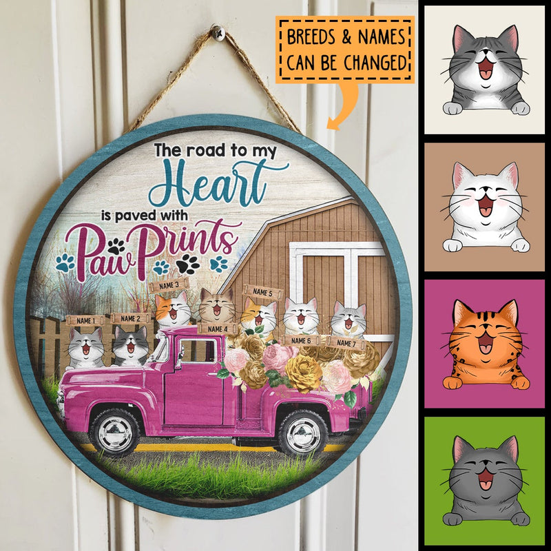The Road To My Heart - Cats On Pink Truck - Personalized Cat Door Sign