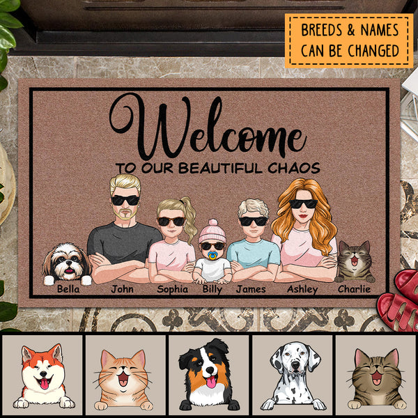Welcome To Our Beautiful Chaos, Home Decor, Cool Family Gift, Funny Welcome Mat, Personalized Dog & Cat Lovers Doormat