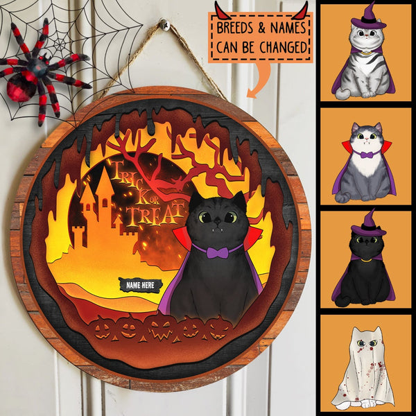 Trick Or Treat - Cats Wear Halloween Costume Front Castle - Personalized Cat Door Sign