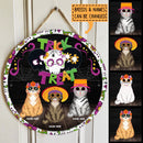 Trick Or Treat - Flowers Skull - Personalized Cat Halloween Door Sign