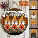 Trick Or Treat - Yellow Witch Hat - Orange Plaid - Personalized Cat Halloween Door Sign