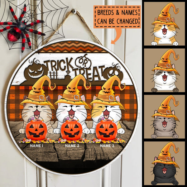 Trick Or Treat - Yellow Witch Hat - Orange Plaid - Personalized Cat Halloween Door Sign