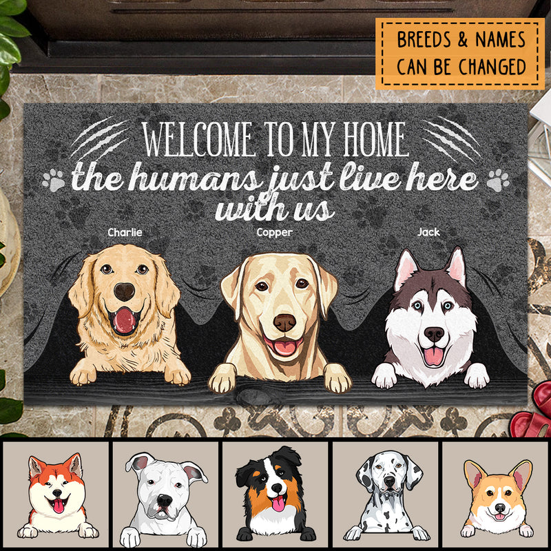 Welcome To My Home Custom Doormat, Gifts For Dog Lovers, The Humans Just Live Here With Us Gray Front Door Mat