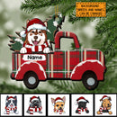 Cute Dog On Red Truck Shaped Wooden Ornament, Personalized Dog Lovers Decorative Christmas Ornament
