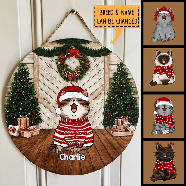 Xmas Cat On Wood Floor - Two Pine Tree With Wreath - Personalized Cat Christmas Door Sign