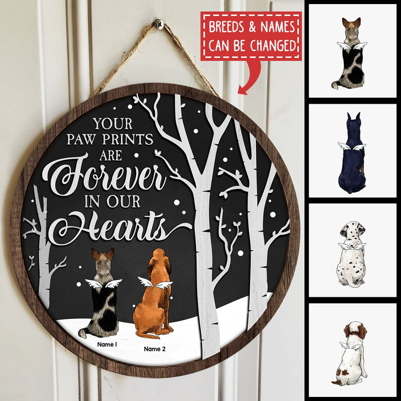 Your Paw Prints Are Forever In Our Hearts - Memorial Black Sky White Tree - Personalized Angel Dog Christmas Door Sign