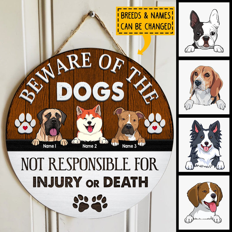 Beware Of The Dogs, Warning Rustic Wooden Door Hanger, Personalized Background Color & Dog Breeds Door Sign