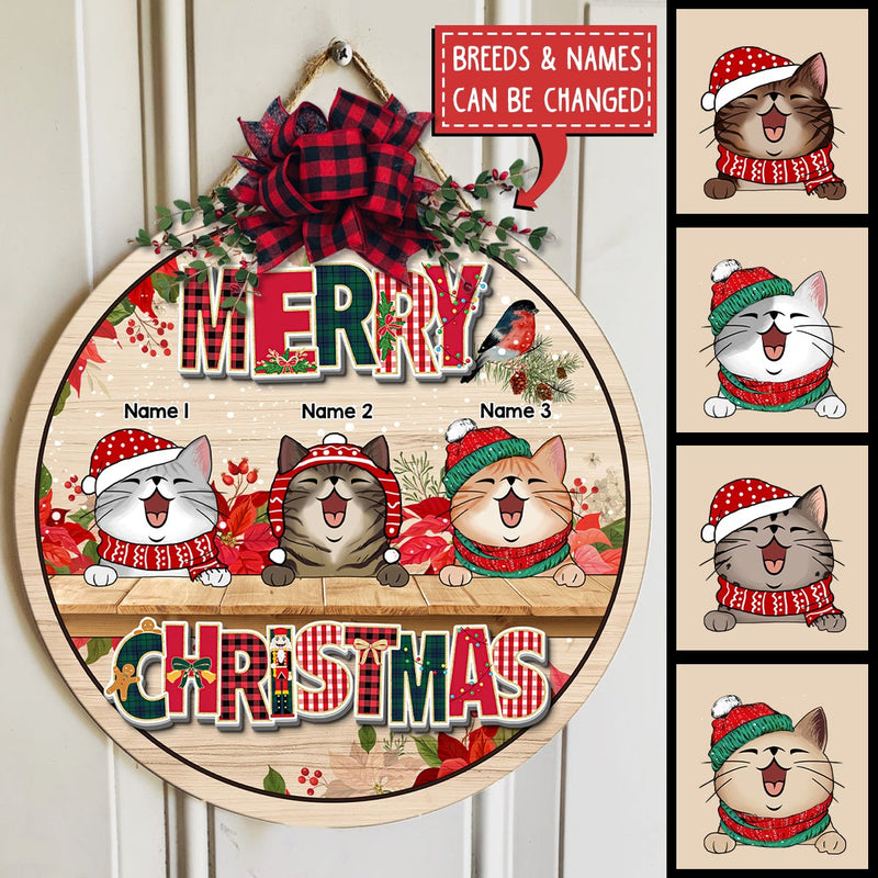 Merry Christmas, Flower Rustic Door Hanger, Personalized Cat Breeds Door Sign, Front Door Decor
