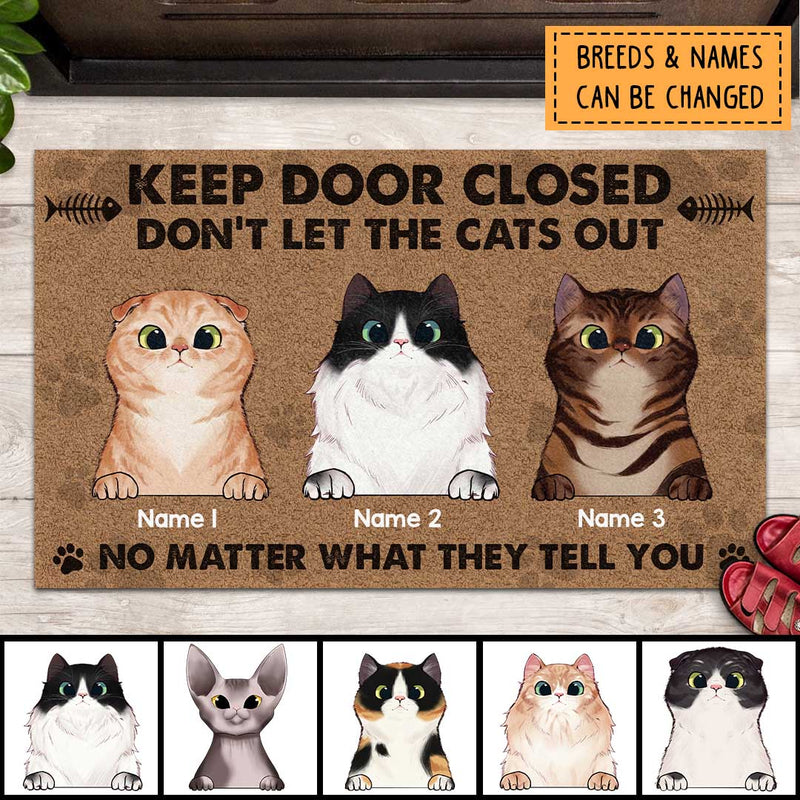 Keep Door Closed Don't Let The Cats Out No Matter What They Tell, Warning Doormat, Personalized Cat Breeds Doormat