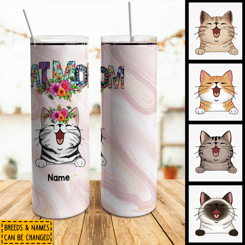 Cat Mom Color Flowers, Laughing Cats With Head Wreath, Gift For Cat Mom, Personalized Cat Lovers Tumbler