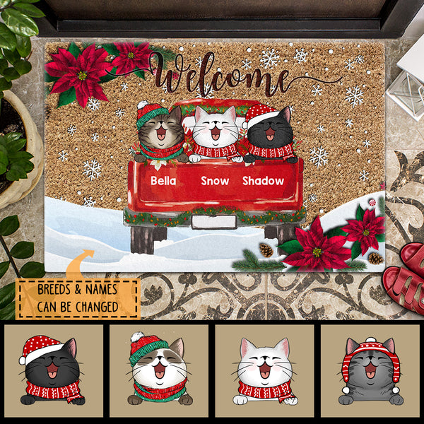 Welcome - Red Truck - Red Poinsettia - Personalized Cat Christmas Doormat