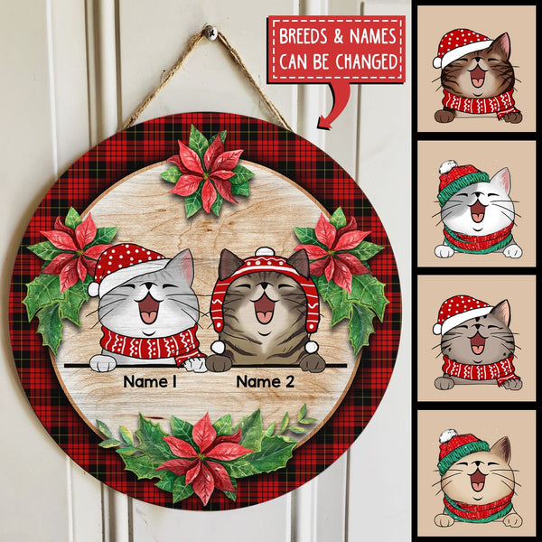 Cat With Christmas Flower And Red Plaid, Personalized Cat Door Sign