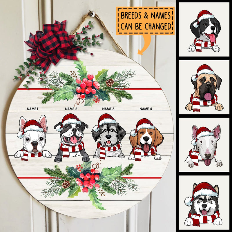 Dogs Wear Santa's Hat And Scarf - Xmas Berries - Light Wooden - Personalized Dog Christmas Door Sign