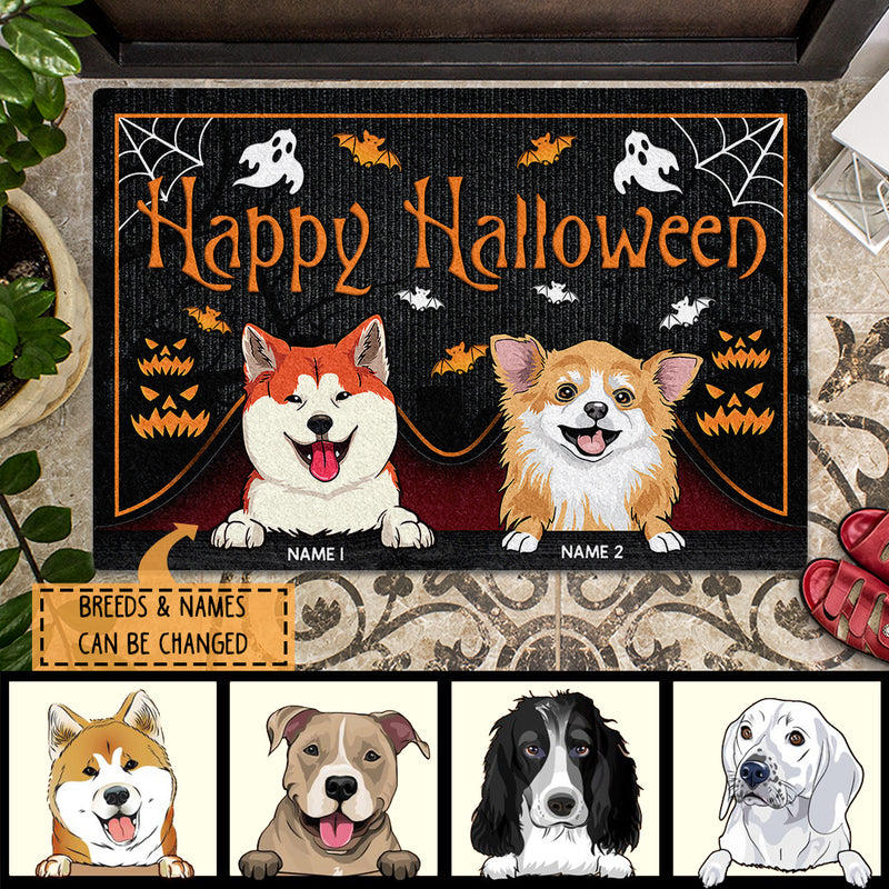 Happy Halloween - Peeking Dogs - Personalized Dog Halloween Doormat