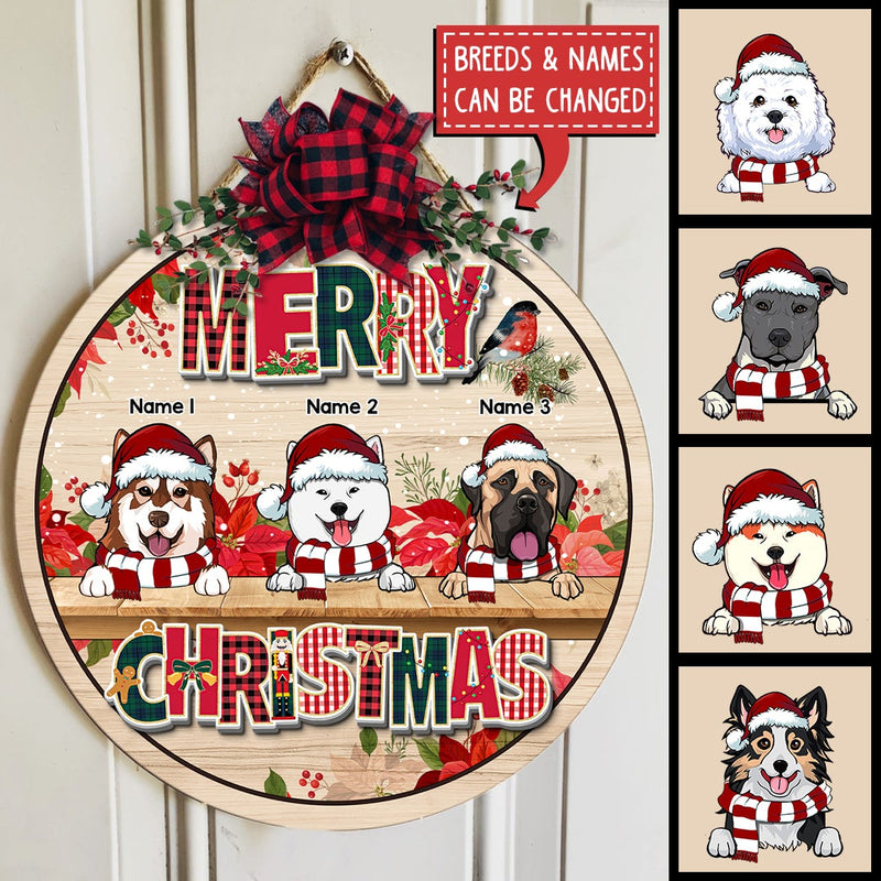 Merry Christmas, Flower Rustic Door Hanger, Personalized Christmas Dog Breeds Door Sign, Front Door Decor