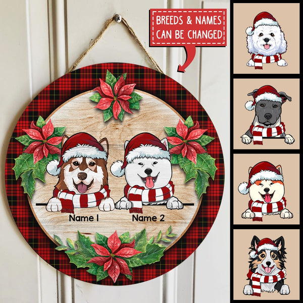 Dog With Christmas Flower And Red Plaid, Personalized Dog Door Sign