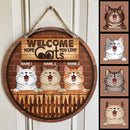 Welcome - Hope You Like Cats - Wood Fence And Brown Brick Wall - Personalized Cat Door Sign
