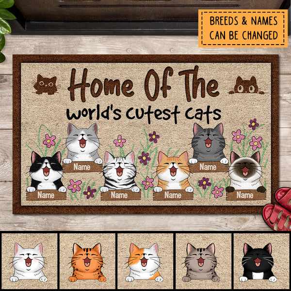 Home Of The World's Cutest Cats, Cat & Flower Doormat, Personalized Cat Breeds Doormat, Cute Home Decor