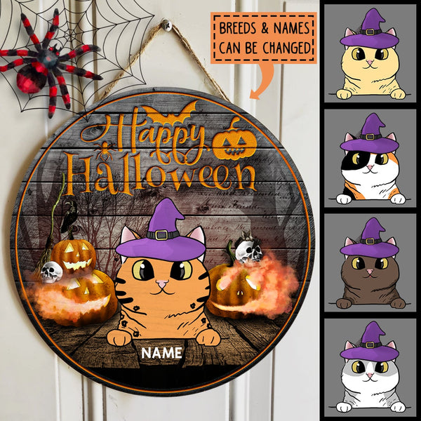 Happy Halloween - Purple and Burgundy Witch Hat, Mummy - Personalized Cat Halloween Door Sign
