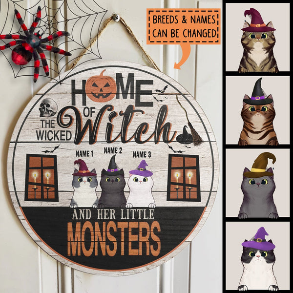 Home Of The Wicked Witch And Her Little Monsters - Personalized Cat Halloween Door Sign