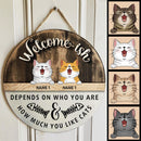 Welcome-ish Depends On Who You Are, Personalized Cat Breeds Rustic Door Sign, Front Door Decor
