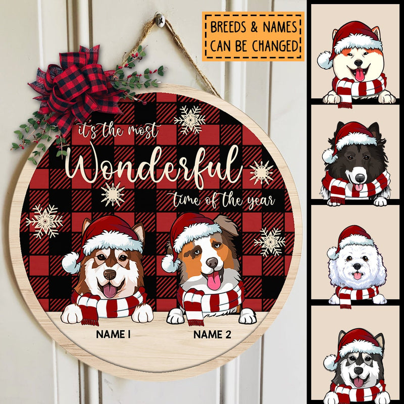 It's The Most Wonderful Time Of The Year - Red Plaid - Wooden Around - Personalized Dog Christmas Door Sign