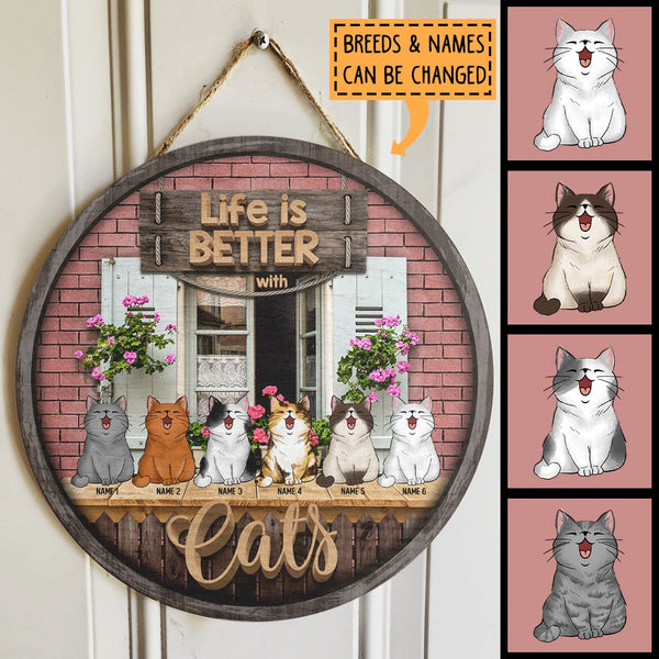 Life Is Better With Cats - Red Brick Wall - Personalized Cat Door Sign