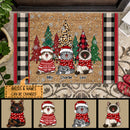 Christmas Cat With Pine Trees - Plaid On Either Side - Personalized Cat Christmas Doormat