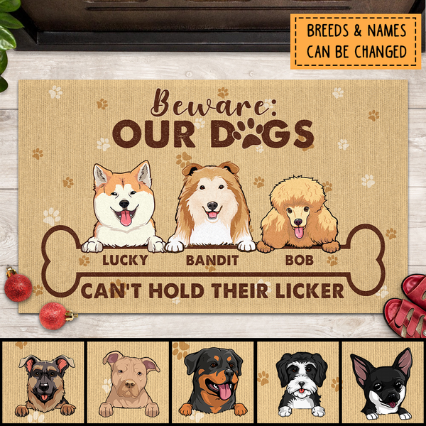 Beware Our Dogs, Can't Hold Their Licker, Dog Pawprints With Yellow Background, Personalized Dog Lovers Doormat