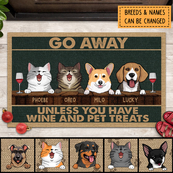 Go Away, Unless You Have Wine And Pet Treats, Dark Green Background, Personalized Dog & Cat Lovers Doormat